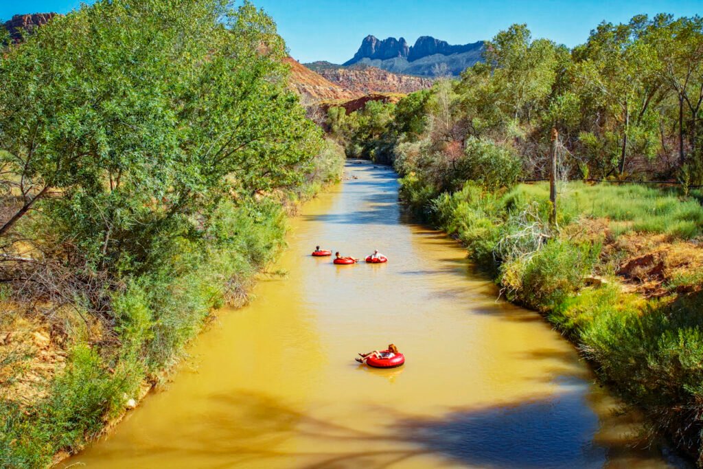 Scenic tubing float on the Virgin River in Zion National Park, featuring lush greenery and towering cliffs