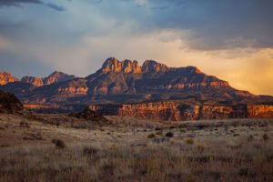 Sunset view of the Virgin River and surrounding mountains in Zion National Park, Utah, showcasing stunning landscapes